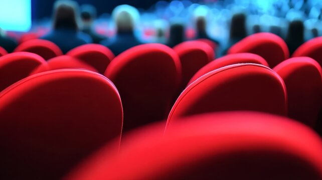Rows of bright red velvet seats inside empty modern theater auditorium waiting for performance event
