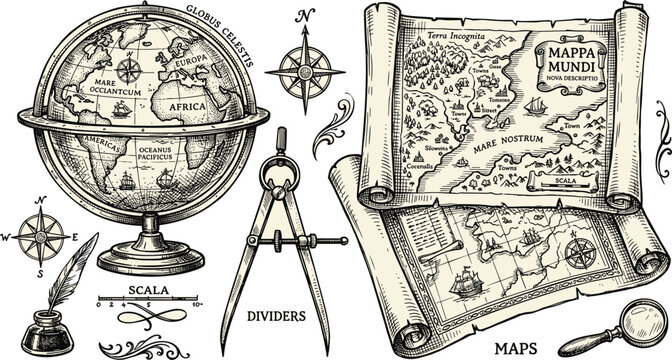 Vintage navigation maps globe and cartography tools engraving illustrationVintage navigation maps globe and cartography tools engraving illustration