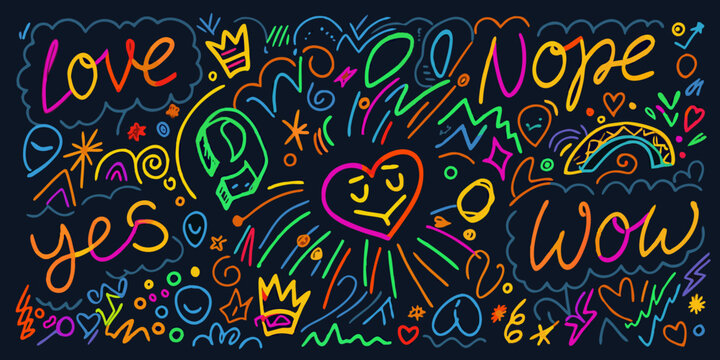 Doodle collection vector illustration with handwritten words and whimsical shapes