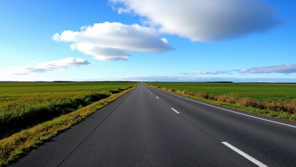 Fototapeta premium Endless Horizon: An empty asphalt road stretches towards a distant horizon under a vast, cloudy sky, flanked by green fields, inviting a journey into the unknown.
