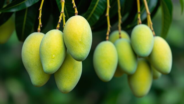 Green Mangoes on Tree Branch: A cluster of unripe green mangoes hangs heavy on a tree branch, their smooth skins glistening with dew. The tropical fruit is surrounded by lush green leaves.