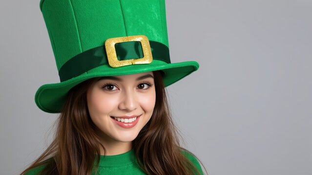 St. Patrick's Day Spirit: A young woman smiles warmly, adorned in a festive green leprechaun hat and matching sweater, embodying the joyous spirit of St. Patrick's Day.