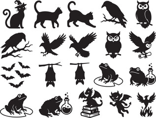 Fototapeta premium Premium Halloween Witch Pets Collection Silhouette Bundle Featuring Cats Ravens Frogs Bats And Magical Creatures