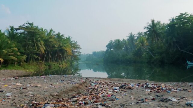 Panning shot of an estuary beach heavily polluted with plastic waste and debris. 