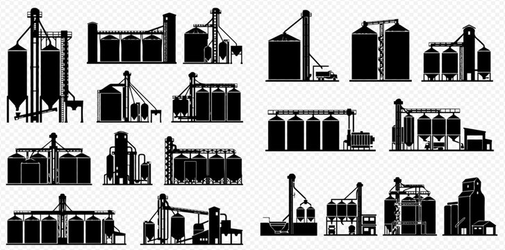 Set of Silhouettes of Grain Elevators and Storage Facilities for Agricultural Products.