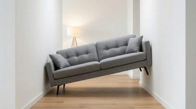Minimalist room with a grey sofa tilted due to insufficient space and poor interior design.