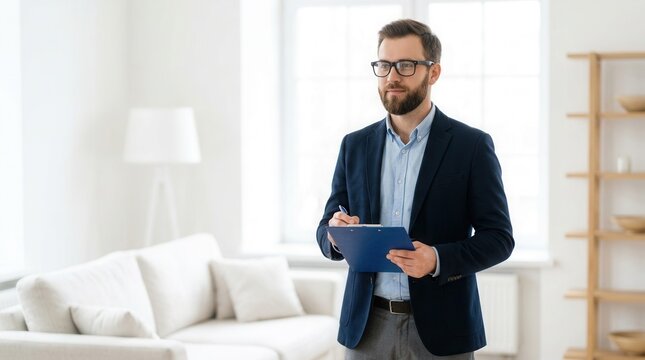 Professional man holding a clipboard during a real estate house appraisal inspection.