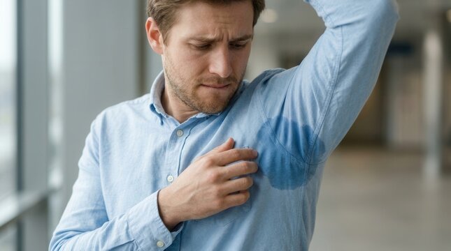 Worried man with hyperhidrosis and heavy sweating under his arm