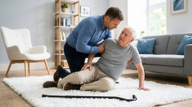Assisting an elderly senior man after falling in a home environment