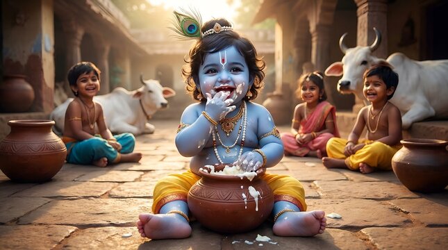 Adorable baby Krishna eating butter from a clay pot in a traditional village courtyard, inspired by Indian mythology and devotional art.
