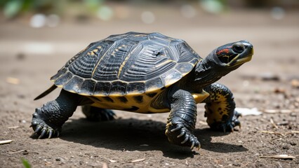 Fototapeta premium Turtle on a Path: A detailed close-up of a turtle with a textured shell and distinctive markings slowly making its way across a dirt path.