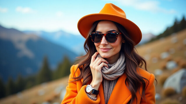 Mountain landscape Copy empty iteration space ar Outdoor close up fashion portrait of young beautiful