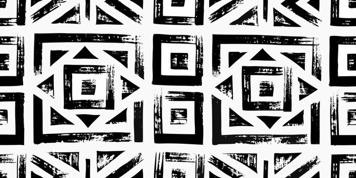 Geometric abstract pattern with nested squares and triangles black and white