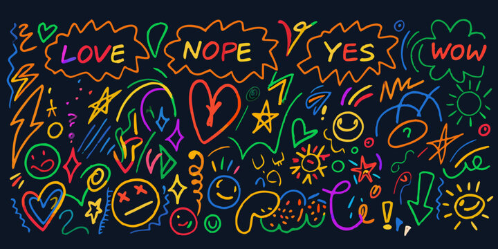 Chaotic doodle collection vector illustration with colorful scribbles and text