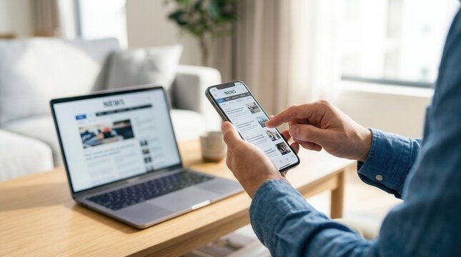 Man accessing digital news media on a mobile device alongside a laptop computer.