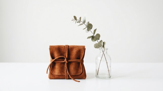 Brown suede leather pouch tied with a string next to a eucalyptus branch in a glass vase