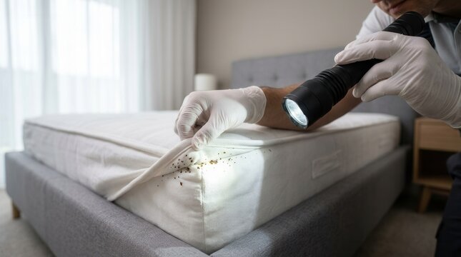 Pest control technician inspecting mattress seams for signs of bed bugs.