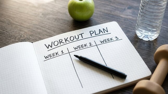 Organized exercise routine plan in a notebook on a wooden table.