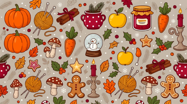 Charming Flat Vector Seamless Pattern with Cozy Autumn Winter Elements Such as Pumpkins, Snowman Globe, Gingerbread Cookies, Holly, Apples, Mushrooms, and Yarn