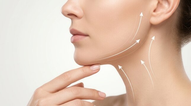 A woman's jawline and neck showing facial rejuvenation and lifting results.