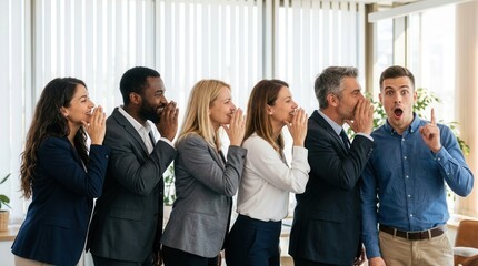 Obraz premium Secretive office colleagues engaged in whispering and gossiping during a workday.