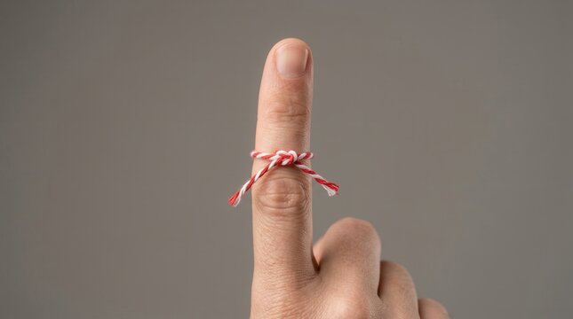 Close up shot of a small red and white knotted string on an extended finger.