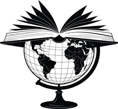 Open book resting on a world globe represents global knowledge and universal learning concepts