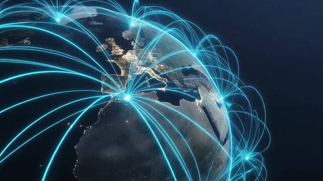 Global Connectivity Network Featuring Glowing Digital Data Streams Connecting Continental Regions Across A Cinematic Earth View