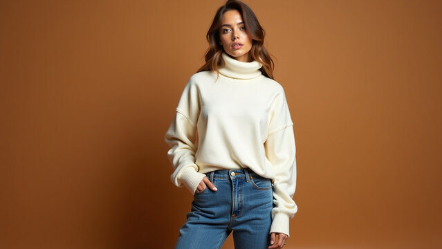 Fashion portrait ar Fashionable iteration confident woman wearing oversized white turtleneck sweater wide leg blue