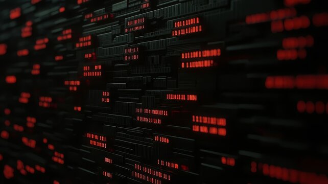Abstract digital background with glowing red binary code patterns and futuristic circuit board textures for technology projects