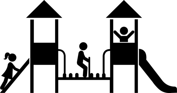 Children playground silhouette icon with kids on slide and playhouse castle vector illustration. Simple black flat park amusement element, minimalist childhood outdoor leisure activity isolated on whi