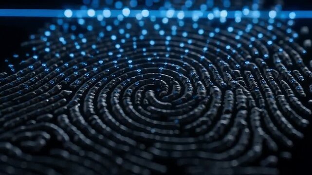Biometric fingerprint scan with glowing blue circuit lines and nodes on dark background close-up.