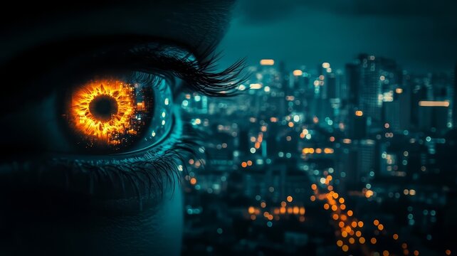 Macro human eye reflecting intense cityscape skyline at night with burning fiery pupil and glowing bokeh urban lights