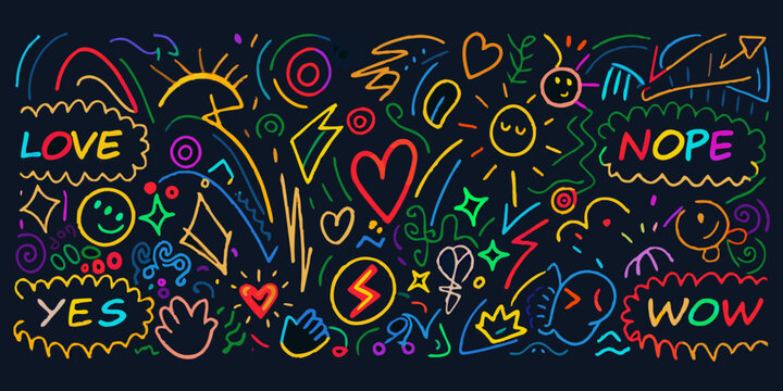 Doodle collection vector illustration with hearts stars and handwritten words