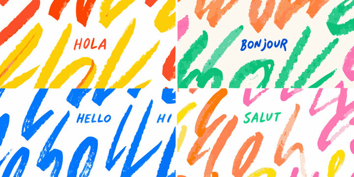 Colorful hand written greetings vector illustration with various language words