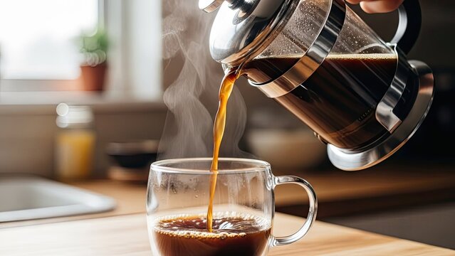 Pouring fresh hot coffee from french press into glass mug.
