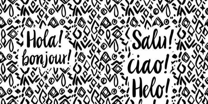 Multilingual Greetings Pattern With Handwritten Calligraphy And Abstract Shapes