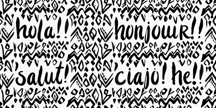 Greeting words pattern with abstract shapes black and white design