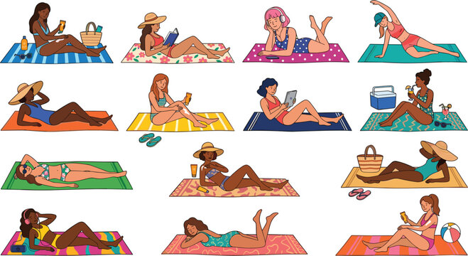 Diverse women sunbathing on beach towels vector set, summer vacation girl characters suntanning illustration