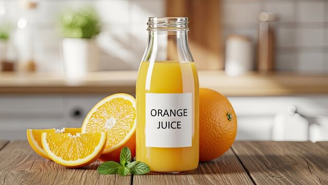 Fresh orange juice bottle with citrus fruit slices.