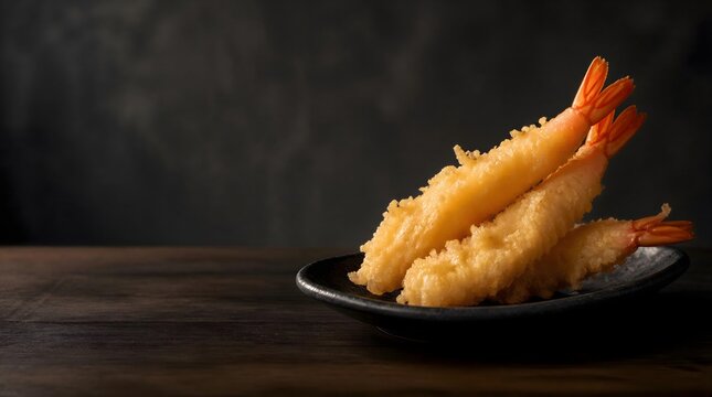 Three crispy golden brown ebi tempura on black ceramic plate with dark wood copy space