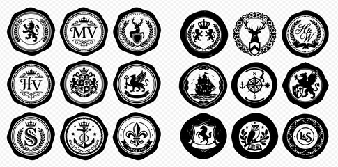 Collection of various black and white heraldic wax seals and emblems, featuring animals, monograms, and traditional symbols. © Adji