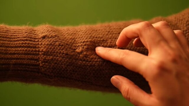 Hand touching texture of brown knitted sweater sleeve.