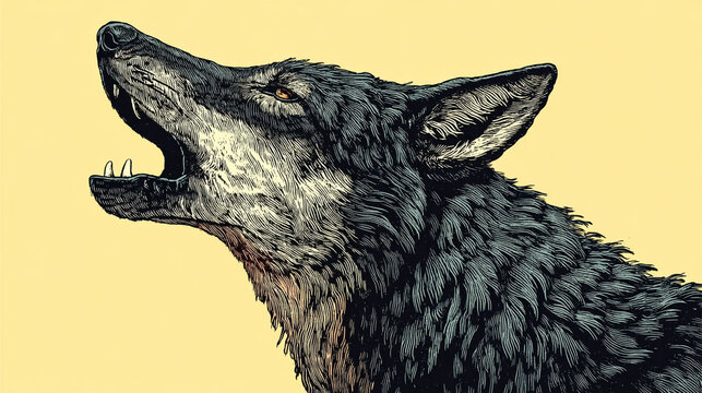 Engraving style illustration of a wolf howling at the moon with engraving, illustration