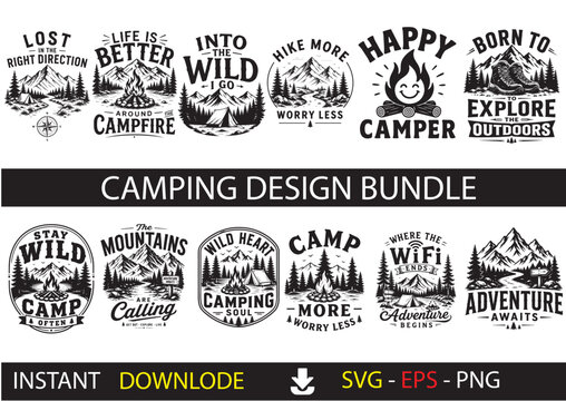 Camping Design Bundle &ndash; Outdoor Adventure, Campfire, Tent and Hiking SVG Collection