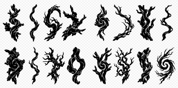 Set of black twisted branches and roots, mystical tree elements for Halloween or fantasy design on transparent background.