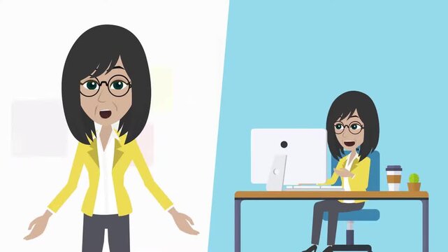 Split Screen Video Call Presentation with Businesswoman and Remote Employee, Digital Team Collaboration, 2D Animation