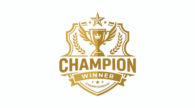 Golden champion sports logo with a trophy and laurel wreaths on a white background, featuring a star and banner with the word 'CHAMPION' in bold letters, conveying a sense of victory