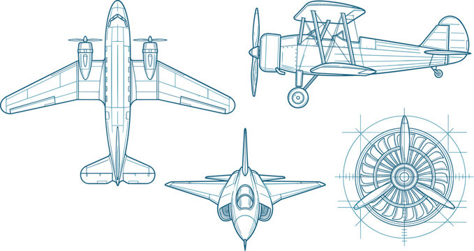 Vintage and Modern Airplane Blueprint Vector Illustration Featuring Biplane, Jet Fighter, Propeller Engine, and Technical Aircraft Engineering Schematics