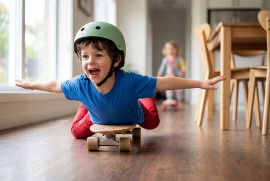 Young boy wearing a green helmet rides a skateboard on his stomach across a wooden floor indoors